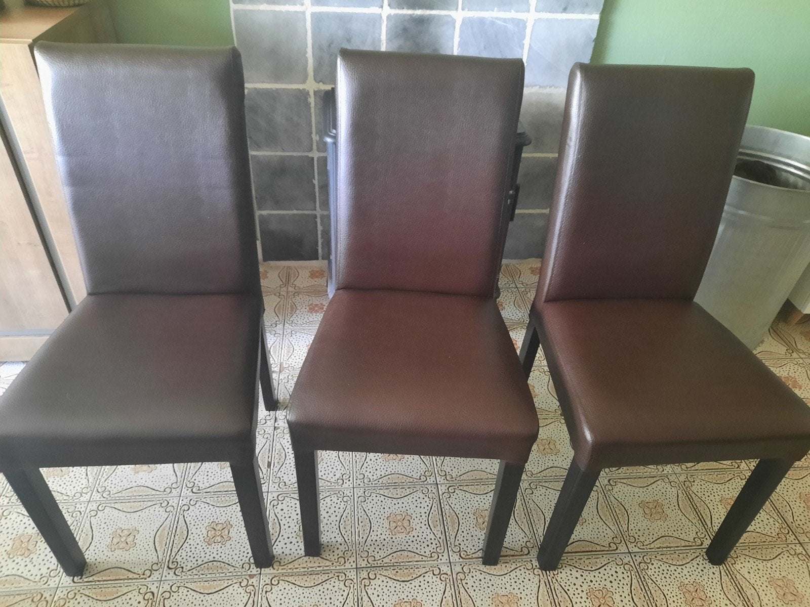 6 bruine stoelen, Ophalen, Gebruikt, Bruin, Leer