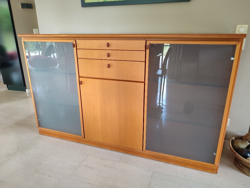 Buffet / meuble de rangement en bois et verre, 25 à 50 cm, 150 à 200 cm, Comme neuf, Verre