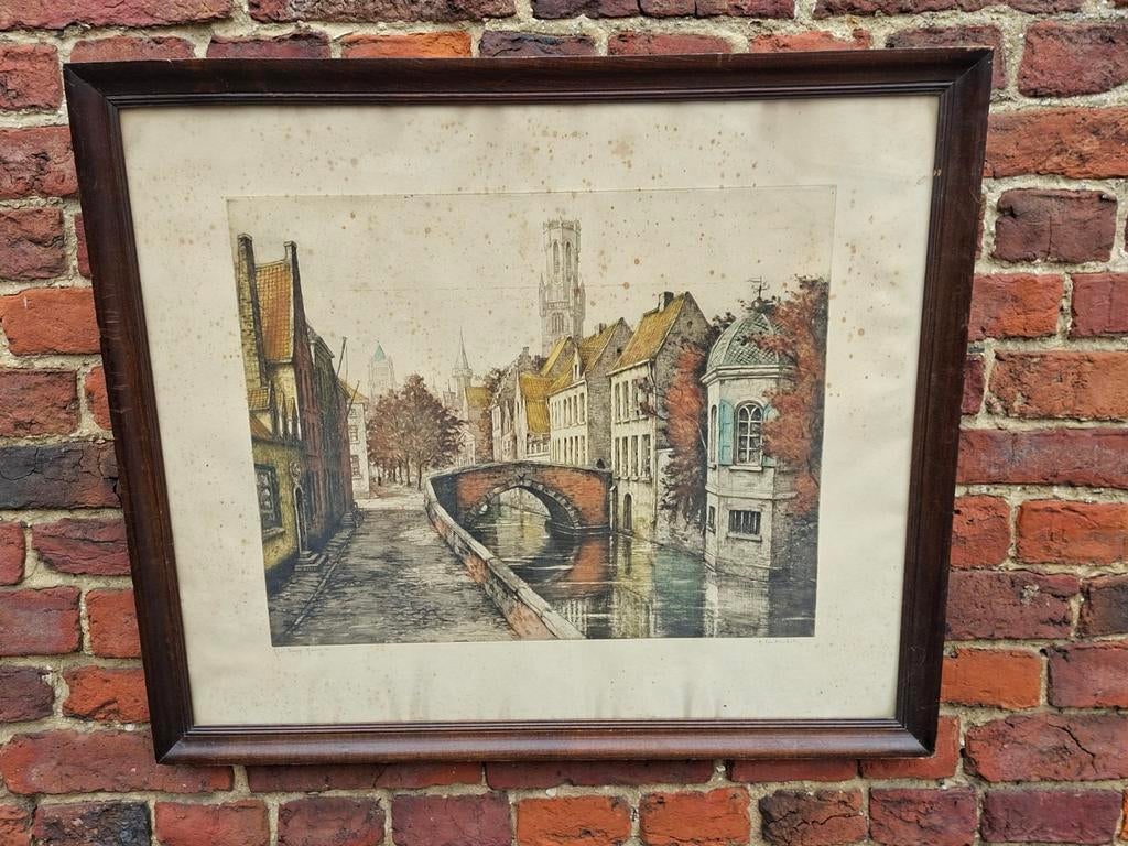 Lithografie Brugge Brugse graveerlijst 71x61cm, Antiek en Kunst, Ophalen