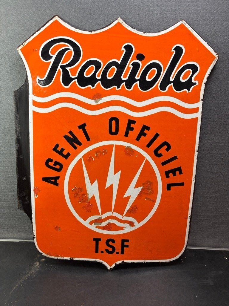 Radiola dubbelzijdig emaille reclame bord 79x57 cm, Ophalen of Verzenden, Gebruikt, Reclamebord
