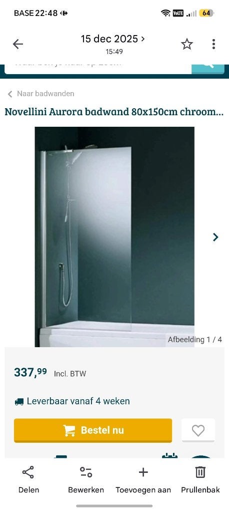 Novellini Aroura badwand 80×150, Doe-het-zelf en Bouw, Sanitair, Ophalen, Nieuw, Glas