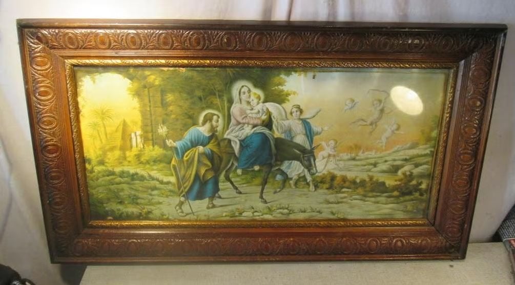 Mooie Antieke Prent - De Heilige Familie - 91x51, Antiek en Kunst, Antiek | Religieuze voorwerpen, Ophalen of Verzenden