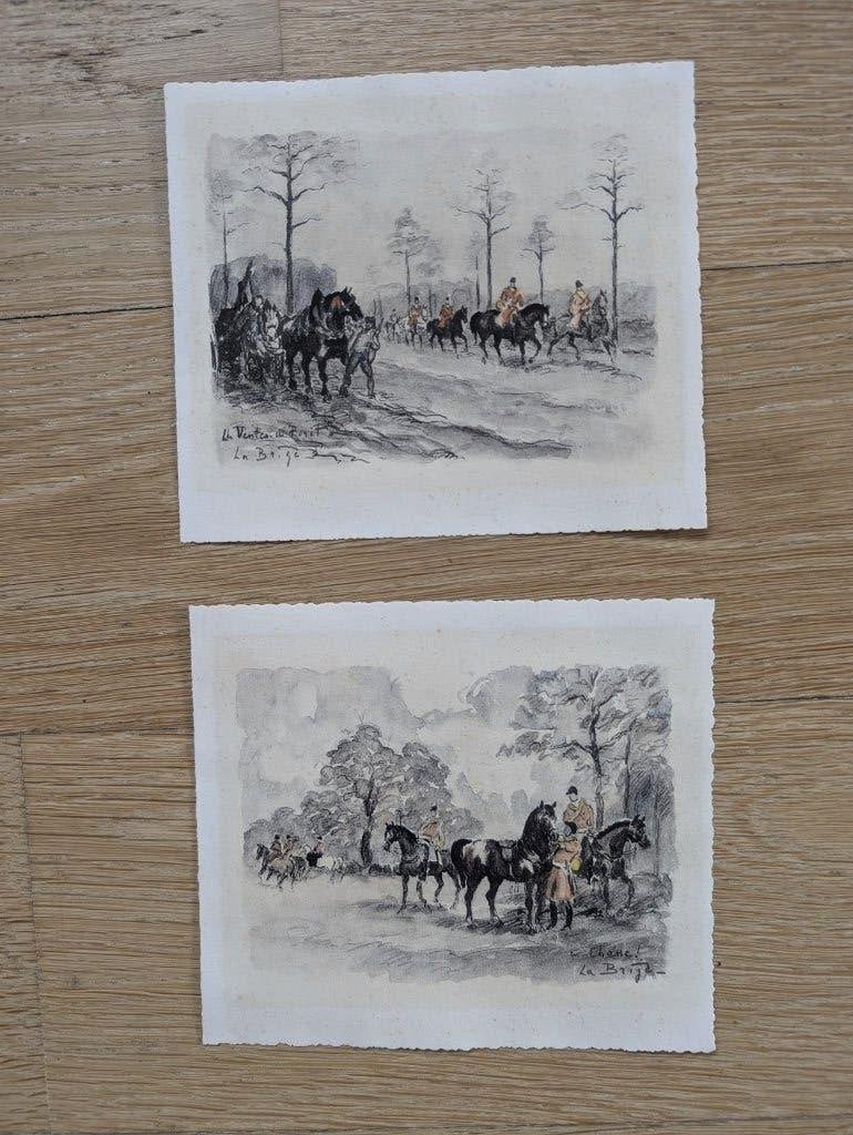 fijn uitgewerkt jachttafereel in aquarel en inkt (duo), Ophalen of Verzenden, Landschap, Klassiek, Aquarel