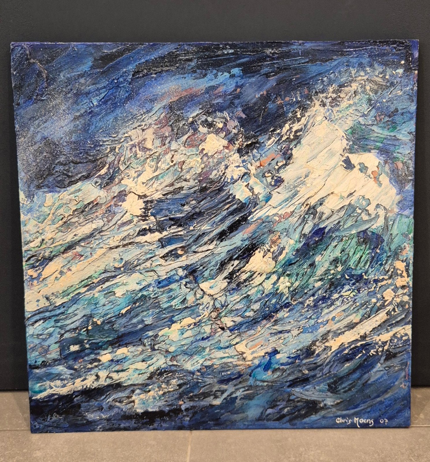 Origineel schilderij – Chris Moens – Blauw/Wit abstract, Ophalen