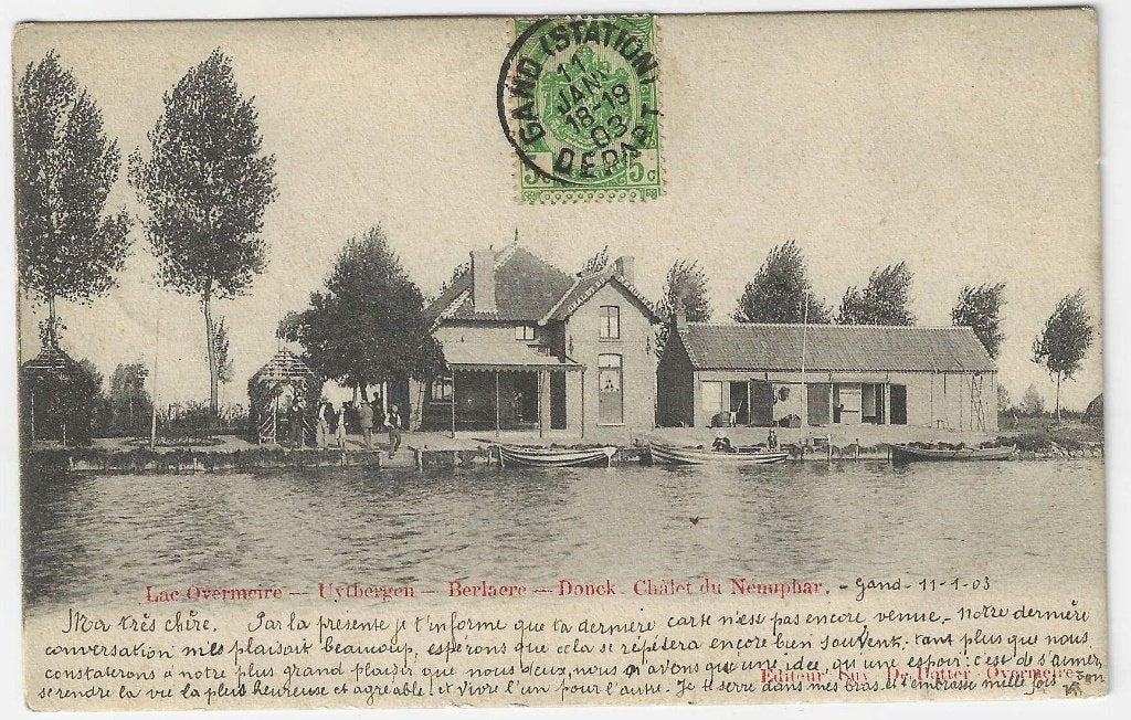 Postkaart Berlaere, Lac Overmeire, Châlet du Nenuphar, Ophalen of Verzenden, Voor 1920, Gelopen, Oost-Vlaanderen