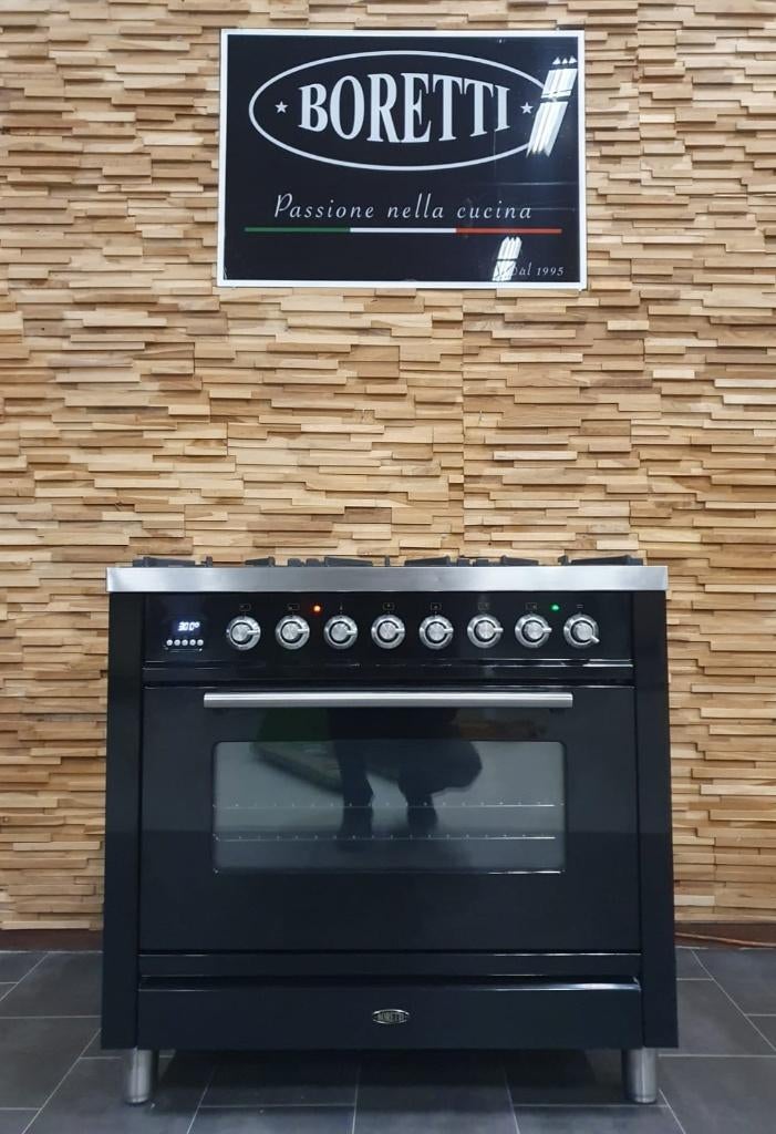 Luxe Boretti Fornuis 90cm hoogglans zwart 300° oven 6 pits, Gaz, Classe énergétique A ou plus économe, Comme neuf, Enlèvement