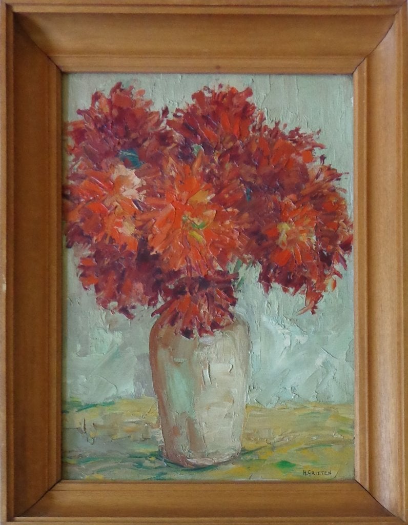 H. GRIETEN / BLOEMENVAAS / OLIEVERF PANEEL / 66x51cm / KADER, Antiek en Kunst, Kunst | Schilderijen | Klassiek, Ophalen of Verzenden