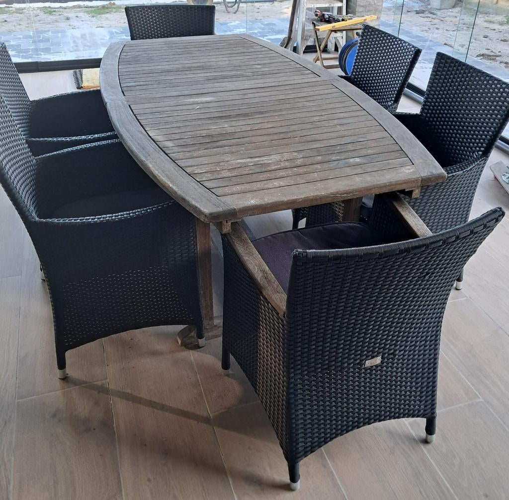 Tuinset: Tafel teak + 6 stoelen, Jardin & Terrasse, Ensembles de jardin, Utilisé, Salons de jardin, Bois de teck, 6 places, Table à dinner
