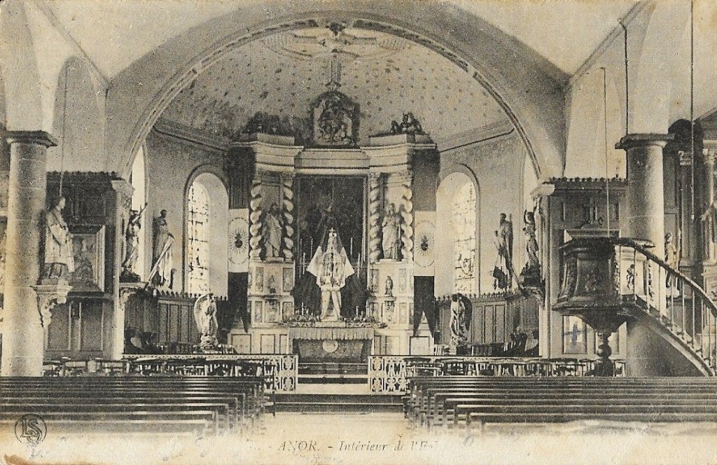 1919 - FRANCE - Anor : Intérieur de l'église Saint-Nicolas, Envoi, Avant 1920, Affranchie, France