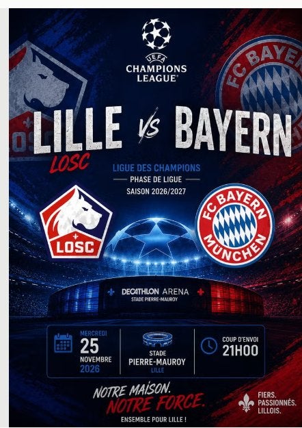 LILLE (LOSC) BAYERN (Munich) Tickets, Tickets & Billets, Sport | Football, Autres types, Deux personnes, Novembre