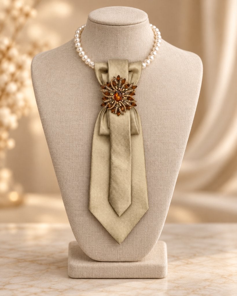 Exclusieve stropdas ketting dames – uniek statement sieraad, Handtassen en Accessoires, Verzenden, Nieuw, Beige, Overige materialen