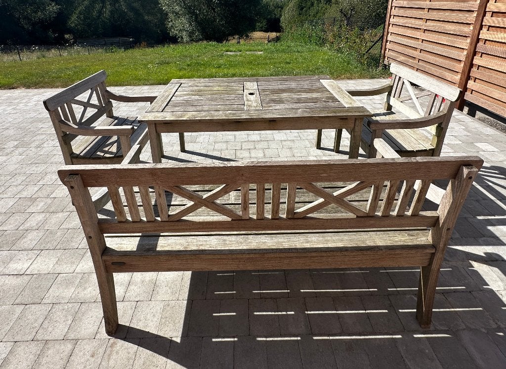 Table jardin 155 x 85 + banc et 2 chaises, Chaise, Utilisé, 6 places, Enlèvement