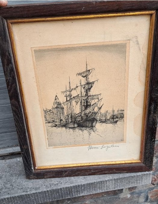 Gravure marine signe henri logelain, Antiquités & Art, Enlèvement ou Envoi, Gravure