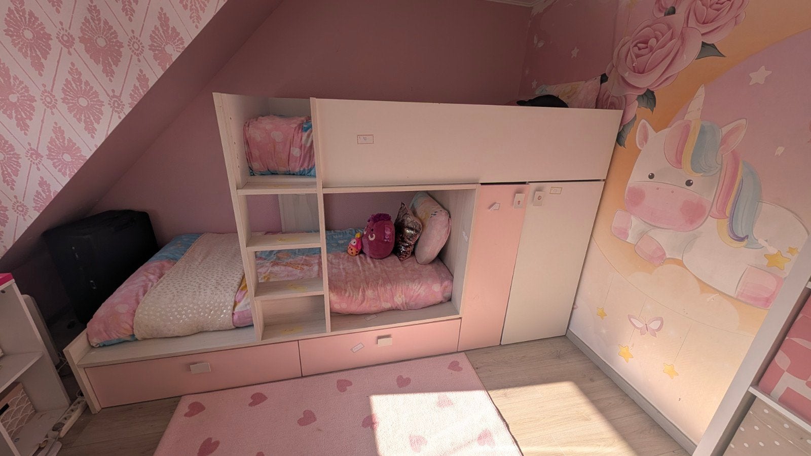Stapelbed Juanito (Wit/Eiken/Roze) - Volledig Gedemonteerd &, Maison & Meubles, Chambre à coucher | Lits, Comme neuf, Blanc, Enlèvement