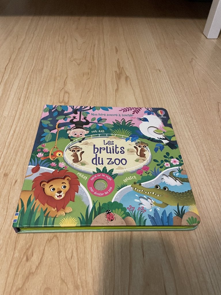 Livre sonore "Les bruits du zoo" (FR), Enlèvement, Comme neuf, Livre à déplier, à toucher ou à découvrir, 2 à 3 ans