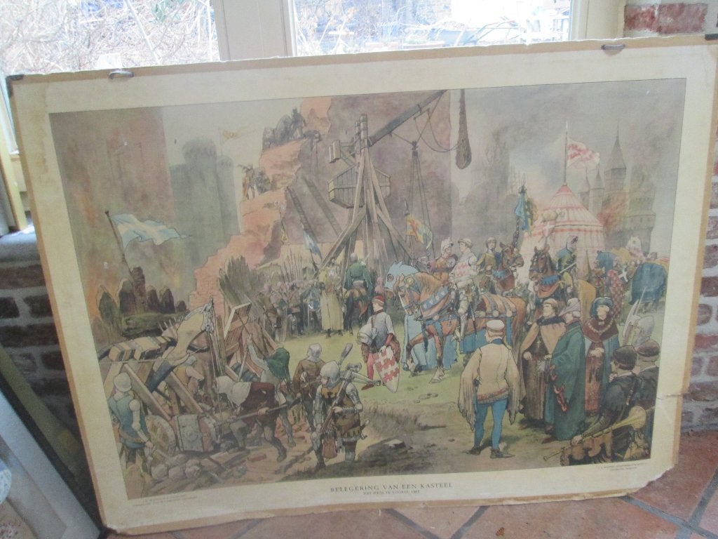 Antieke Schoolplaat - Belegering van een Kasteel - 111x84, Antiek en Kunst, Ophalen of Verzenden, Geschiedenis