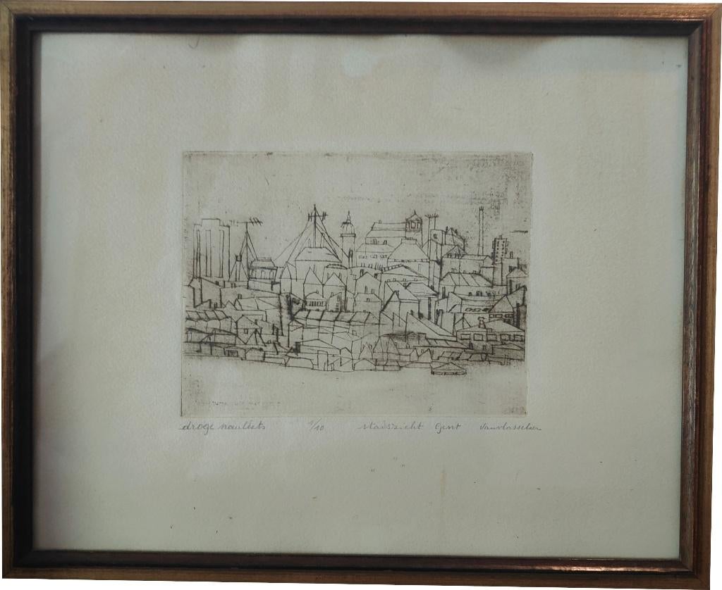 Unieke droge naaldets "Stadszicht Gent", 31 cm, Eau-forte, Enlèvement ou Envoi, Vue urbaine