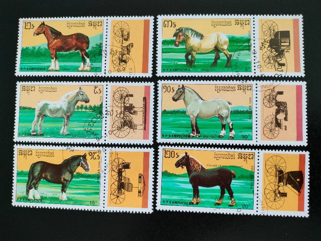 Cambodja 1989 - paarden en koetsen op vignet, Verzenden, Gestempeld, Zuidoost-Azië