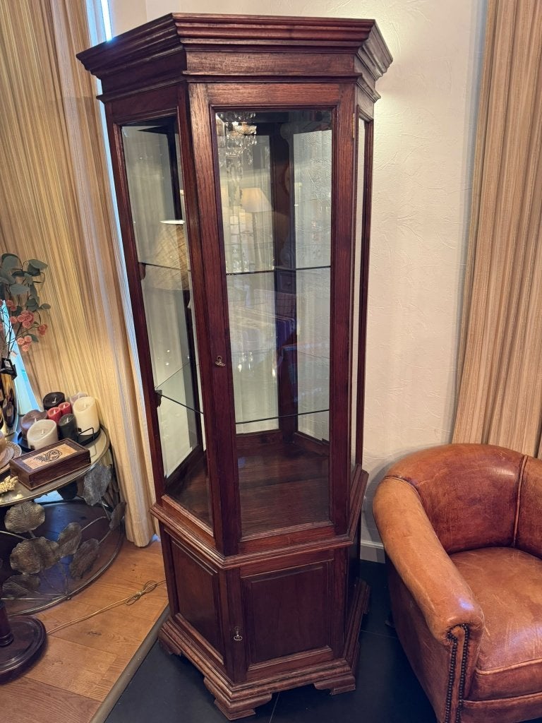 Oude zeshoekige vitrinekast massief eiken facetgeslepen glas, Ophalen