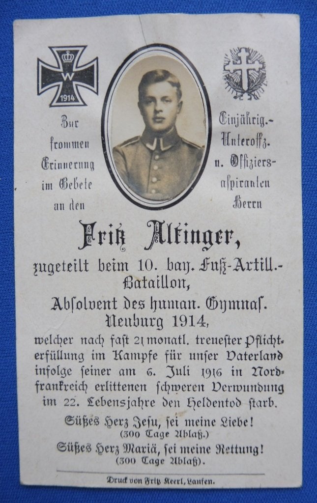 WO1 Duits bidprentje: Fritz Altinger slag aan de Somme 1916, Verzenden, Landmacht, Overige typen