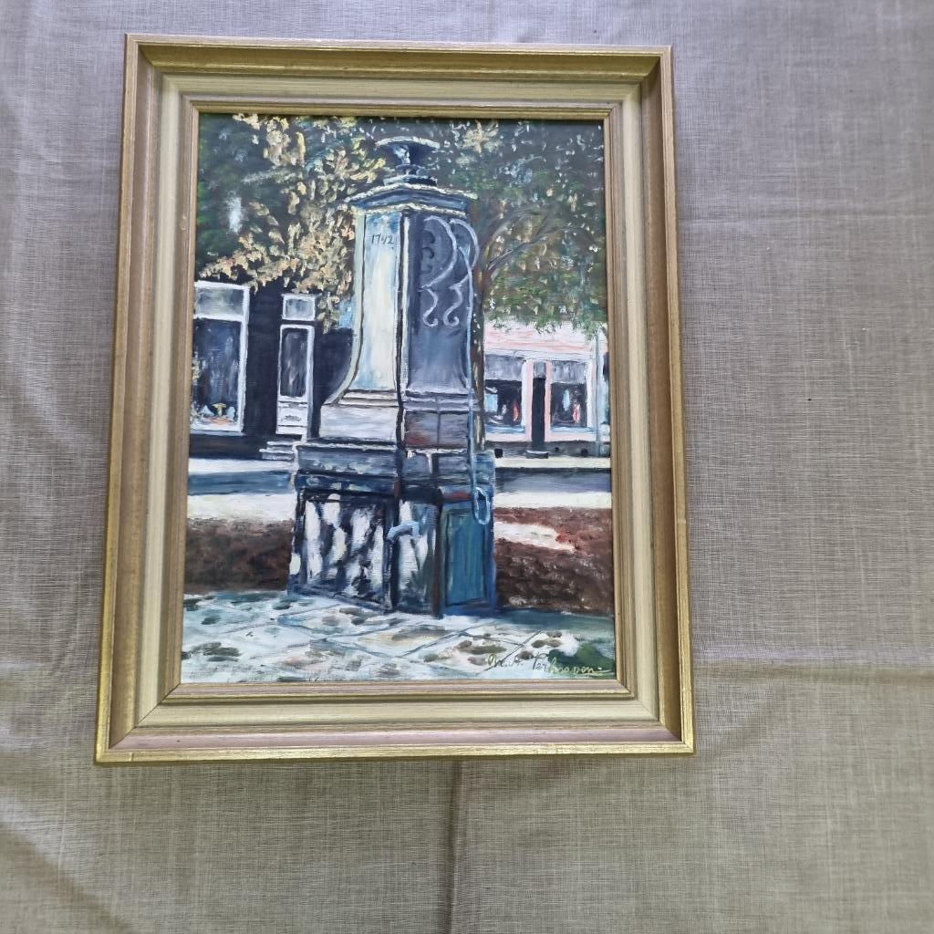 Olieverf op doek - Waterpomp Maaseik, Antiek en Kunst, Ophalen