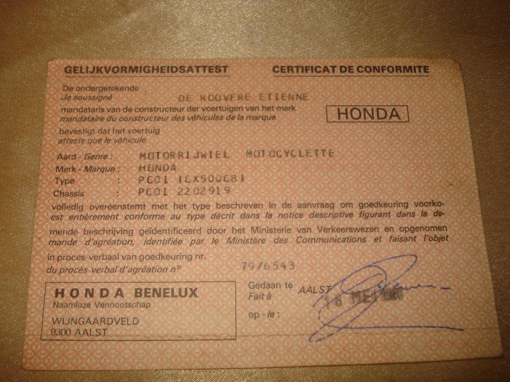 Ancien Certificat Conformité Moto Honda CX-500 CB 1985, Enlèvement ou Envoi, Honda