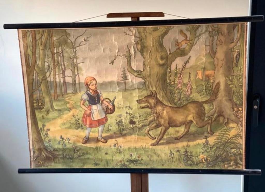 Antieke schoolplaat op linnen Roodkapje, Antiek en Kunst, Ophalen of Verzenden