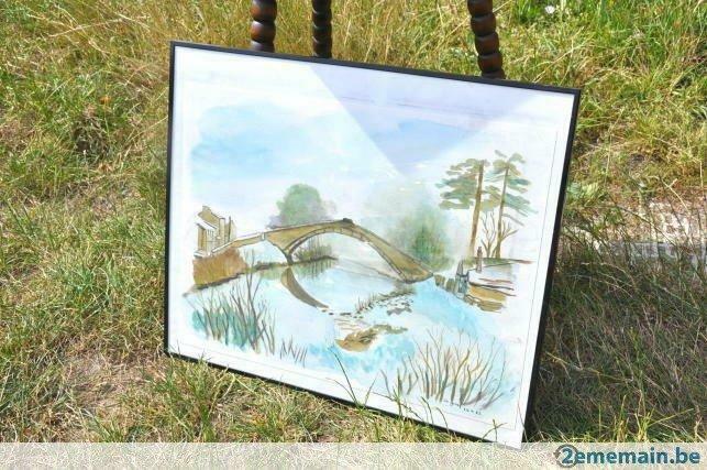 aquarelle  cadre vitré pont au dessus de ruisseau  De greff