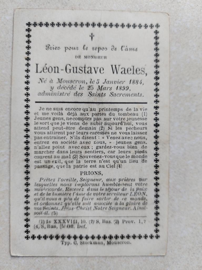 bidprentje Mouscron 1884 - 1899, Collections, Images pieuses & Faire-part, Envoi, Image pieuse