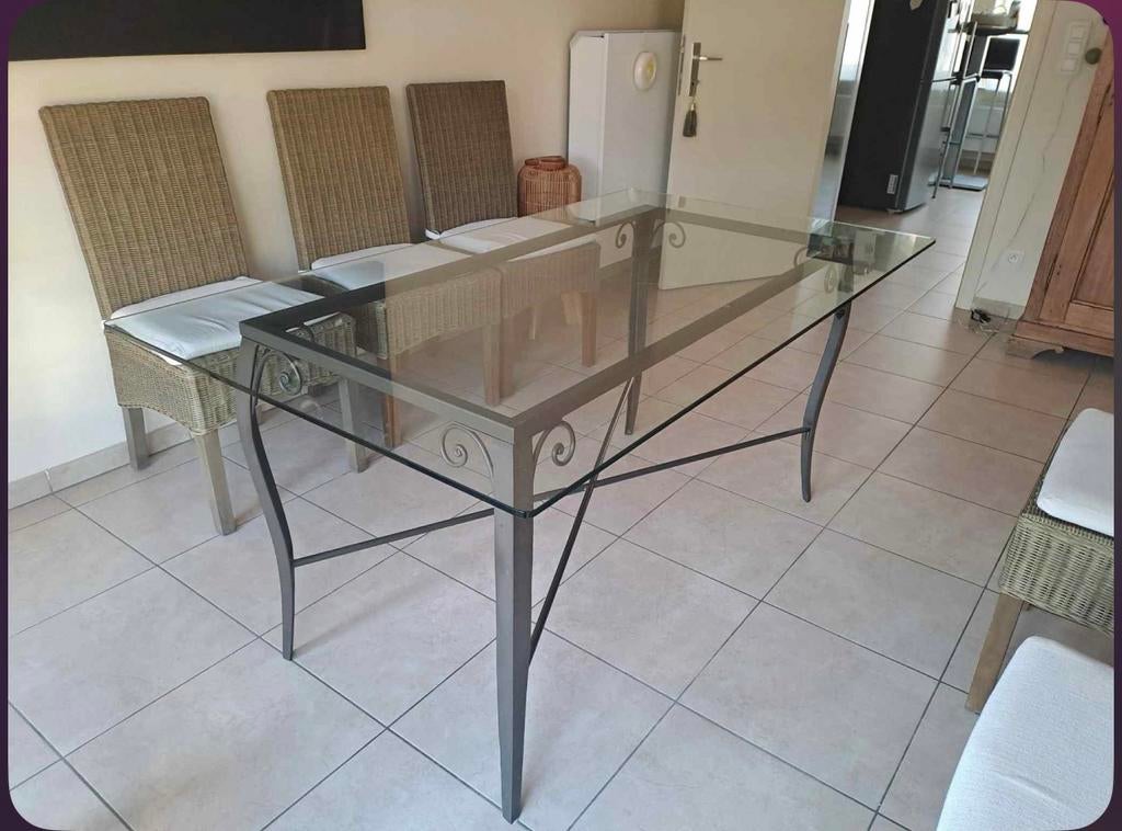 Table à manger en verre et fer forgé, Maison & Meubles, 100 à 150 cm, Cinq personnes ou plus, Verre, Enlèvement