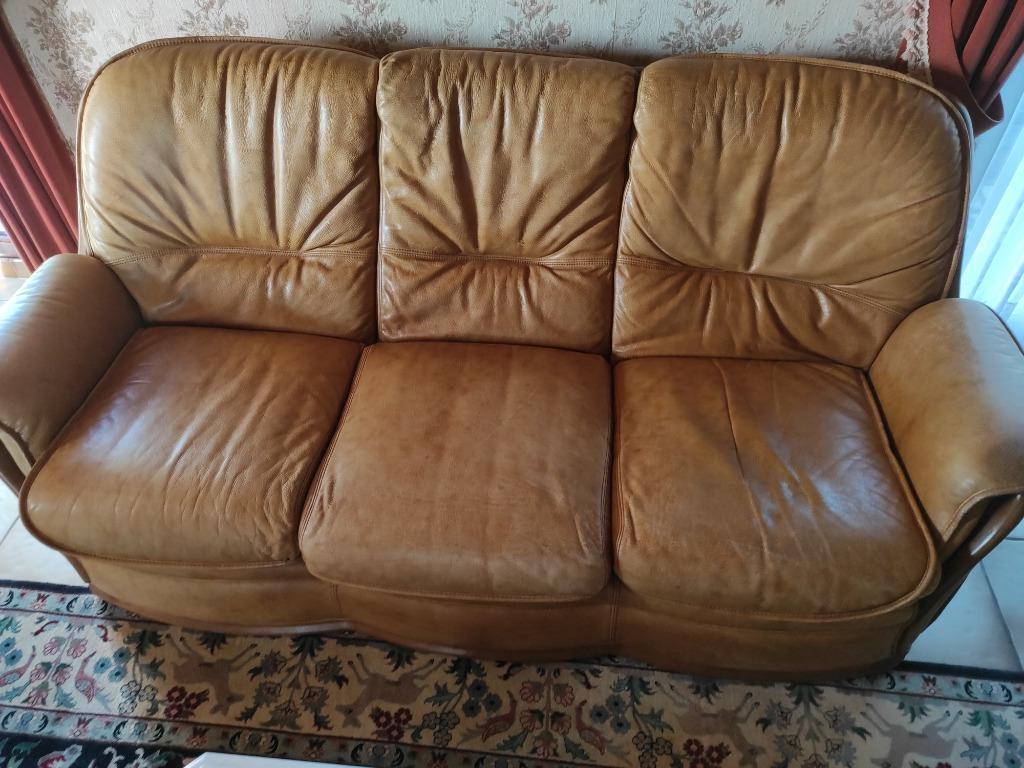 Lederen salon, zetel 3-zit en 1-zit, lichtbruin, Ophalen, Gebruikt, Italiaans leder, 150 tot 200 cm