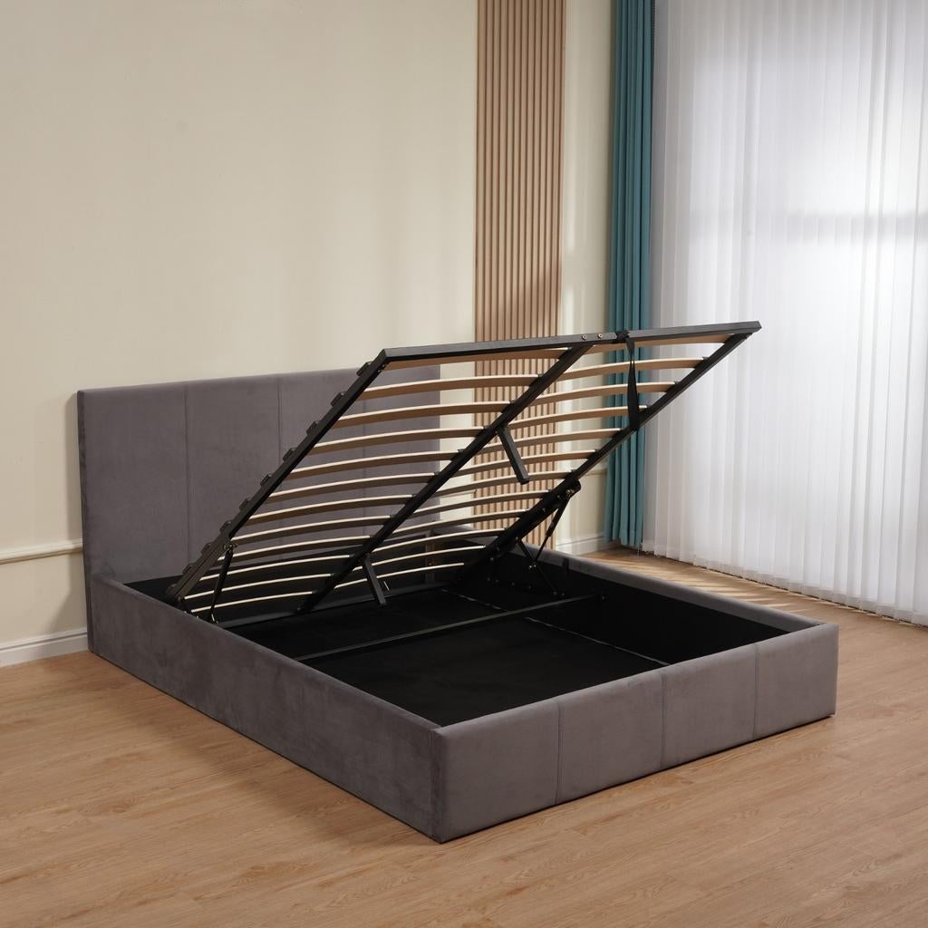 Lit coffre 160x200 Velours Gris – Design Moderne & Rangement, Enlèvement ou Envoi, Gris