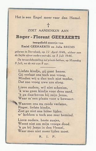 Roger Florent GEERAERTS BREMS Sterrebeek 1946-1946 kind, Verzamelen, Bidprentjes en Rouwkaarten, Verzenden, Bidprentje