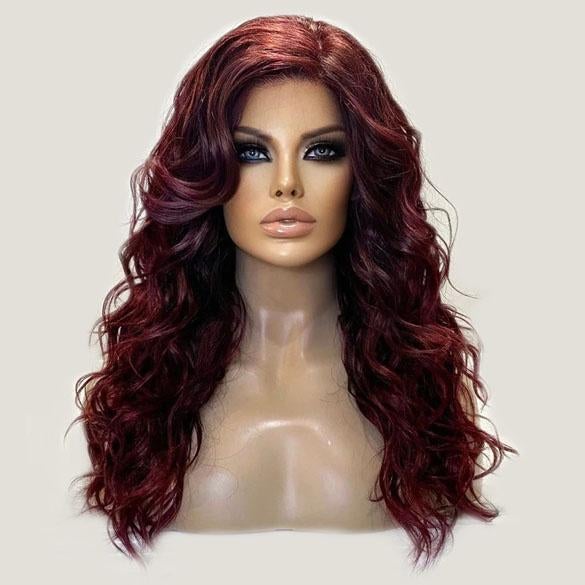 Swiss lace pruik wijnrood lang haar beach wave krullen Calyx, Handtassen en Accessoires, Uiterlijk | Haarverzorging, Nieuw, Verzenden