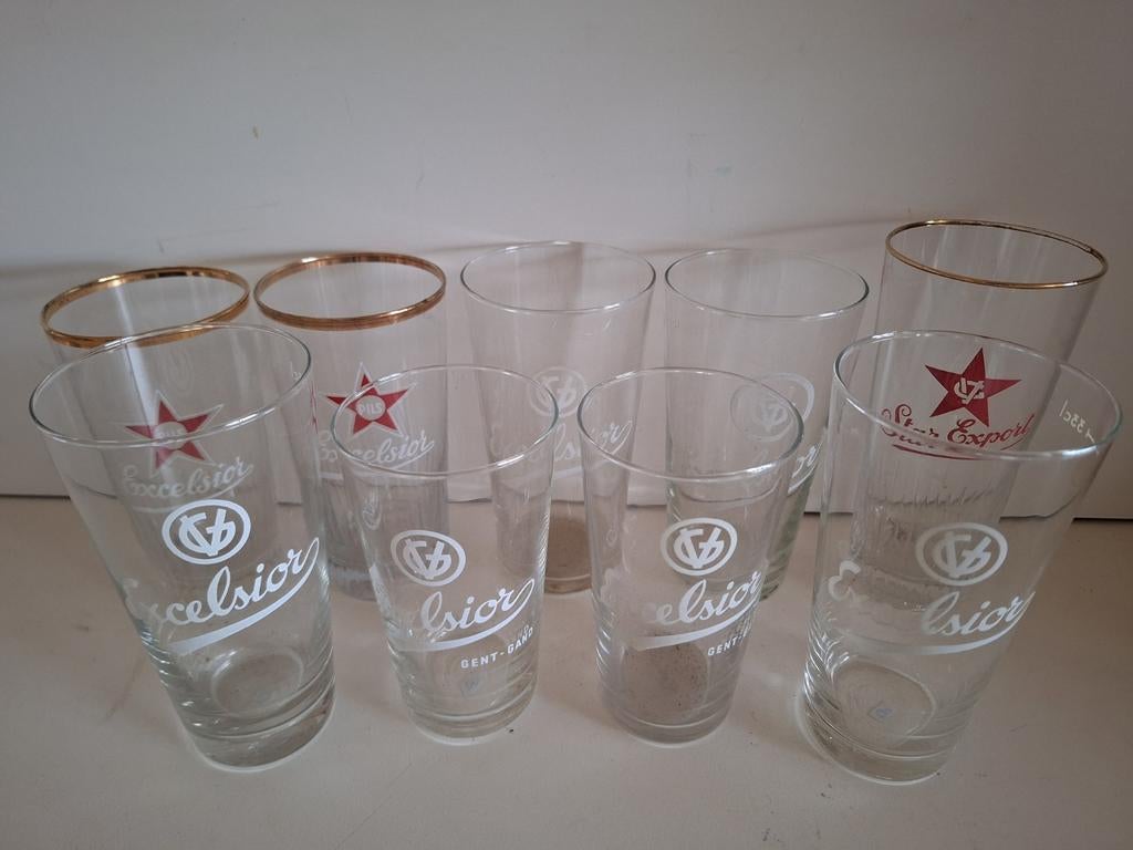 9 oude bierglazen brouwerij Excelsior Gent, Ophalen of Verzenden
