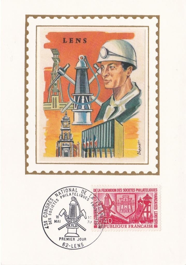 FDC - postzegel en -kaart - 1e dag - LENS - 1970 - op zijde, Ophalen of Verzenden, Gestempeld