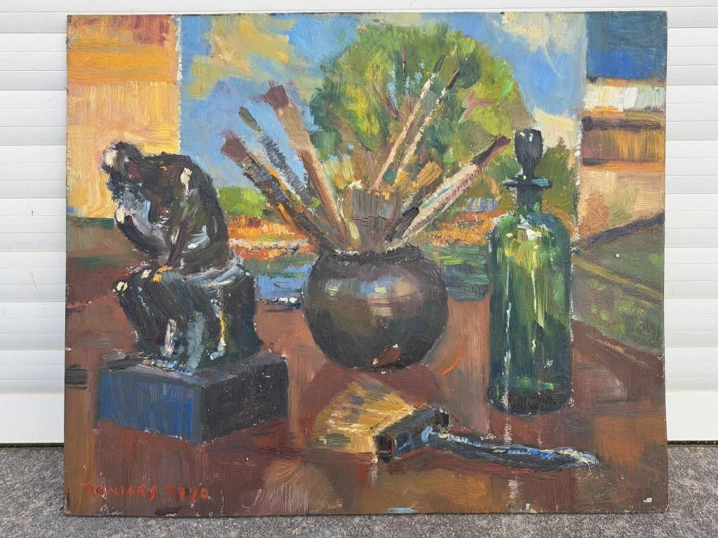 huile sur panneau nature morte signe tony reniers, Antiquités & Art, Enlèvement ou Envoi