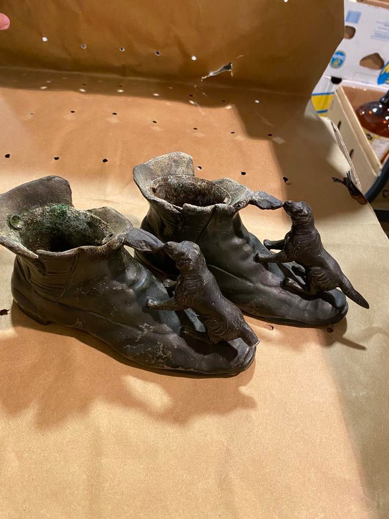Tinnen potjes model schoen met hondjes, Antiek en Kunst, Antiek | Tin, Ophalen