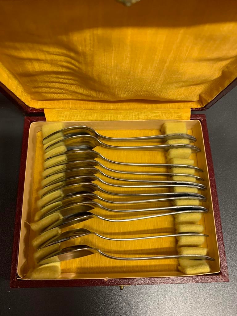 12 antieke koffielepels in kistje, Enlèvement ou Envoi
