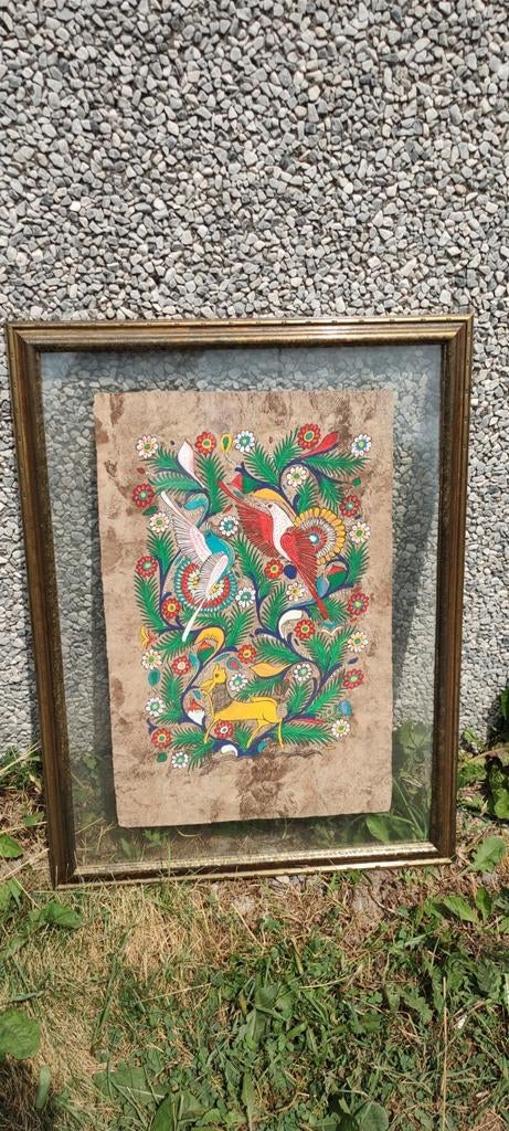 kleurrijk schilderij op papier in glazen kader fauna &flora, Antiek en Kunst, Kunst | Schilderijen | Modern, Ophalen of Verzenden