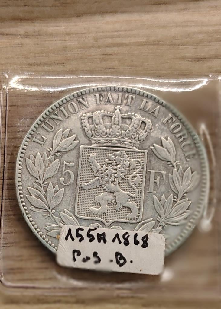 pièce 5 francs belge - Léopold II 1868 155a, Ophalen of Verzenden, Losse munt, Zilver