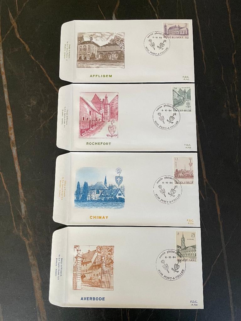 FDC enveloppe (4st) Abdijen: eerste dagstempel pont-a-celles, Postzegels en Munten, Brieven en Enveloppen | België, Envelop, Ophalen of Verzenden