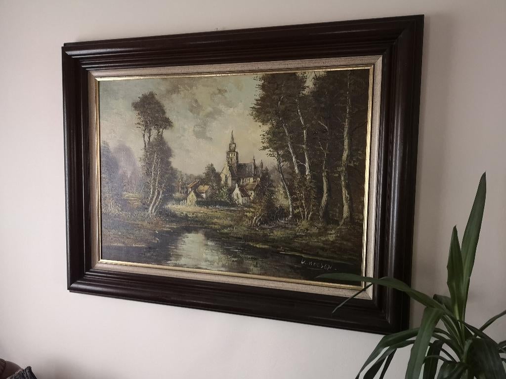 Schilderij W.Hoesen – Dorp met kerk – 98x128 cm, Antiek en Kunst, Ophalen