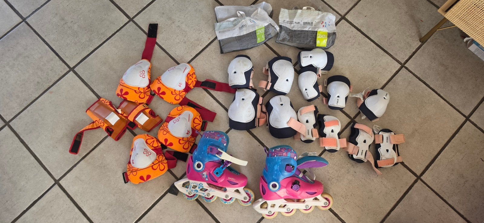 Oxelo inline skates kind (28-30) + 3 beschermingssets, Gebruikt