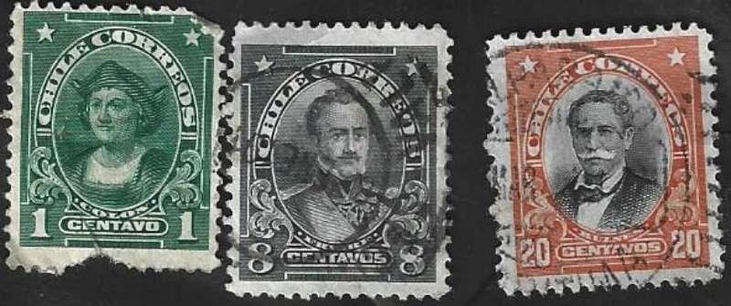 3 Postzegels Chili 1911 Bekende personen, Ophalen of Verzenden, Gestempeld, Zuid-Amerika