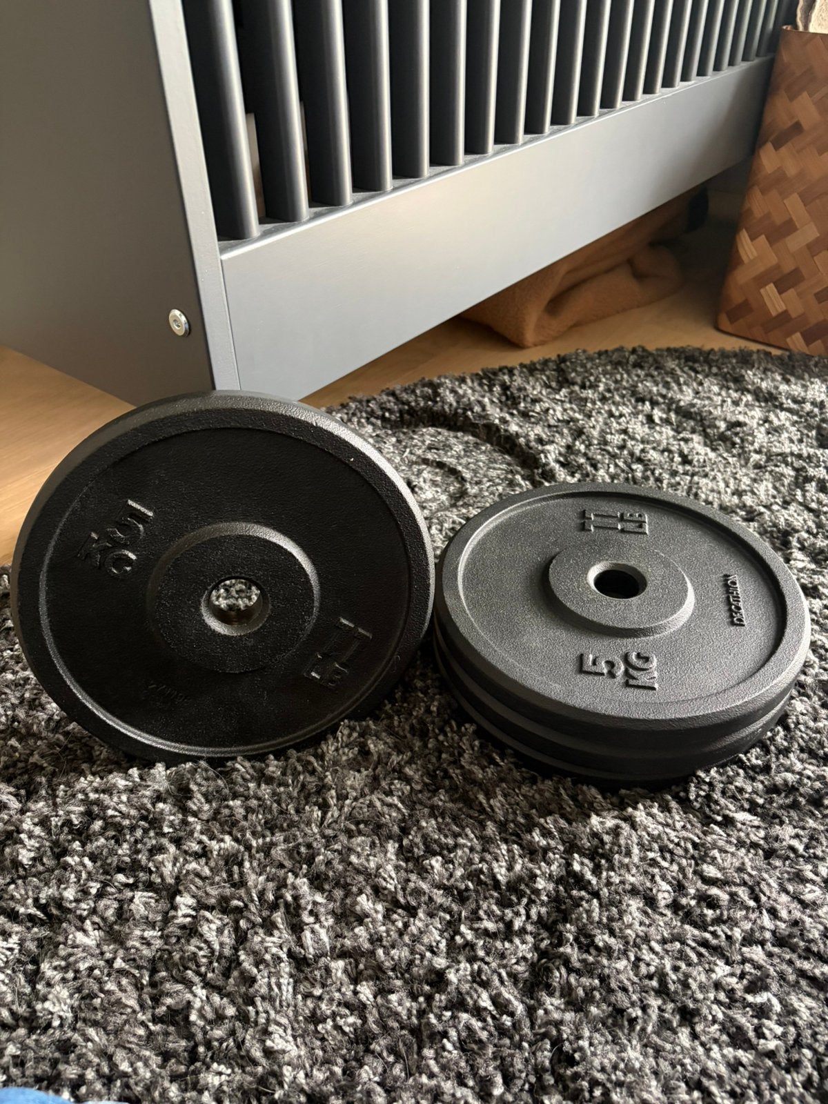 4 x halterschijven van 5 kg, Sport en Fitness, Ophalen, Gebruikt, Halterschijven