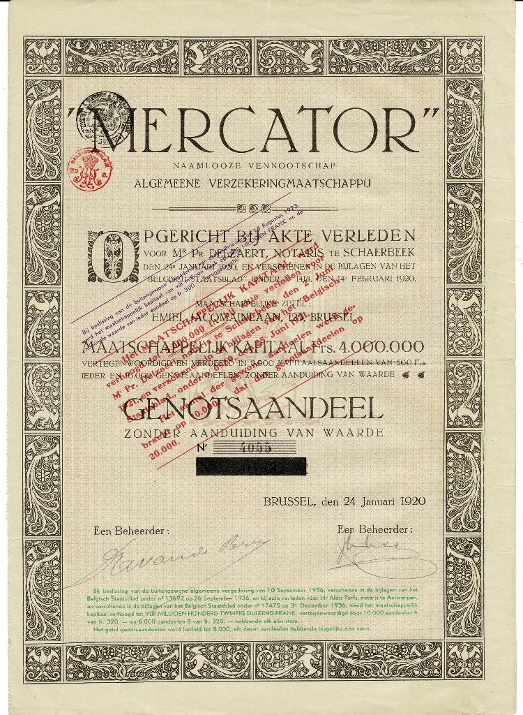 Compagnie d'Assurance Mercator - Bruxelles 1920, Timbres & Monnaies, Actions & Titres, Envoi, 1920 à 1950, Action