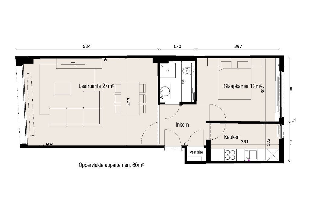 1 slaapkamer app 60m² 9000 GENT, Immo, Maisons à vendre, Gent, 60 m², Gand, Ventes sans courtier