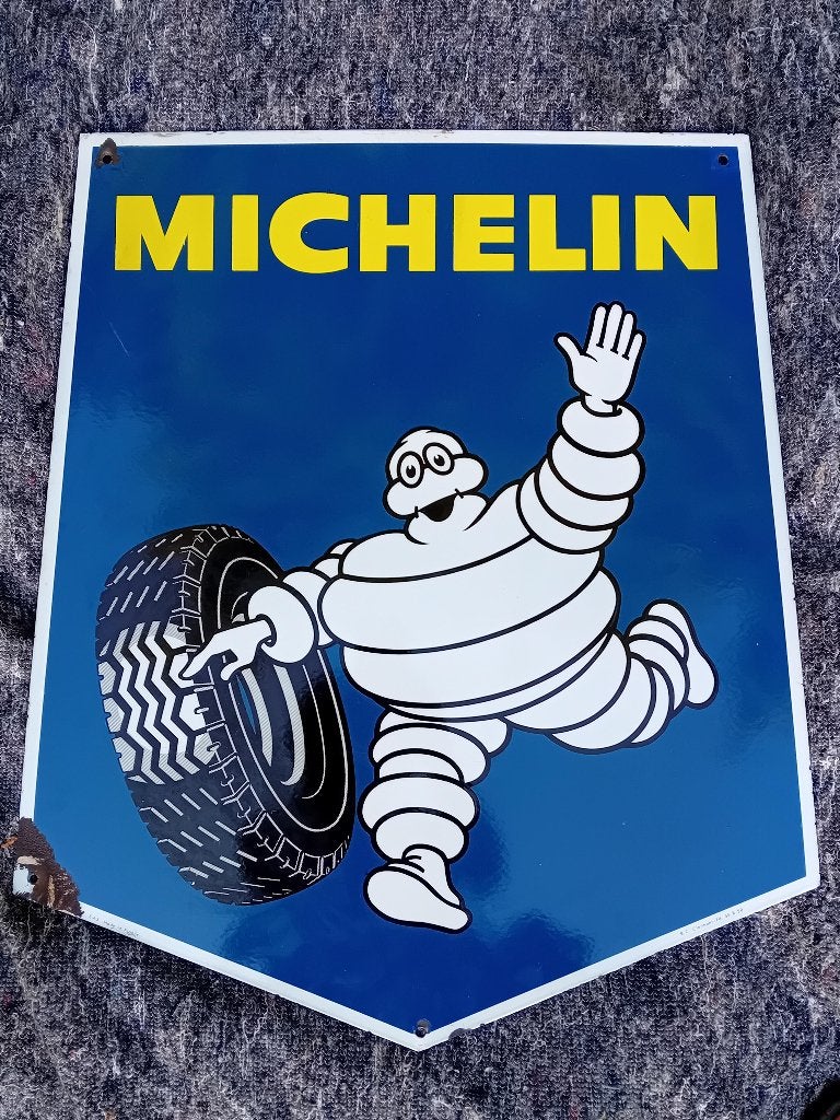 Dubbelzijdig emaille reclamebord Michelin, Verzamelen, Ophalen of Verzenden, Gebruikt, Reclamebord