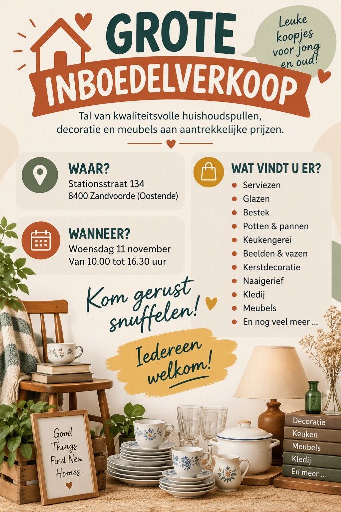Inboedelverkoop 11 november - Zandvoorde, Huis en Inrichting, Ophalen